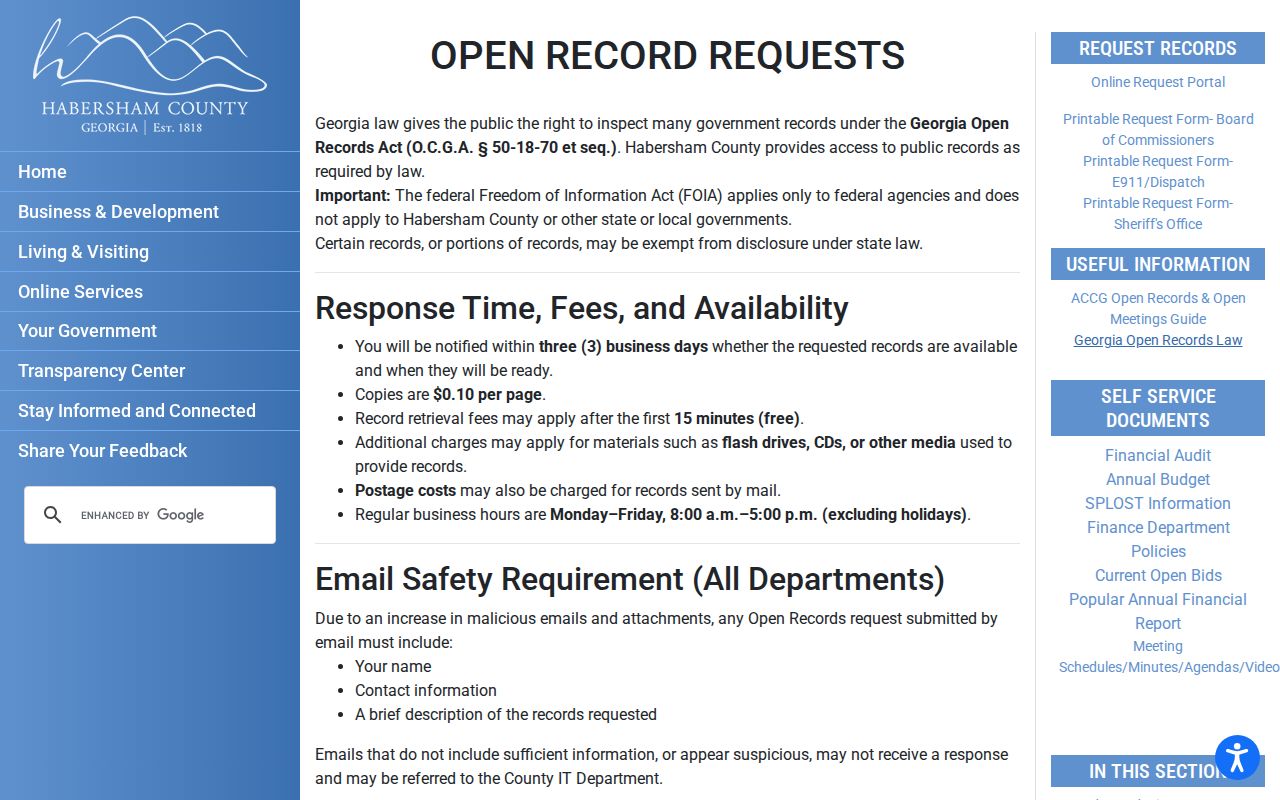 Habersham County warrant records open-records timing and fee guidance