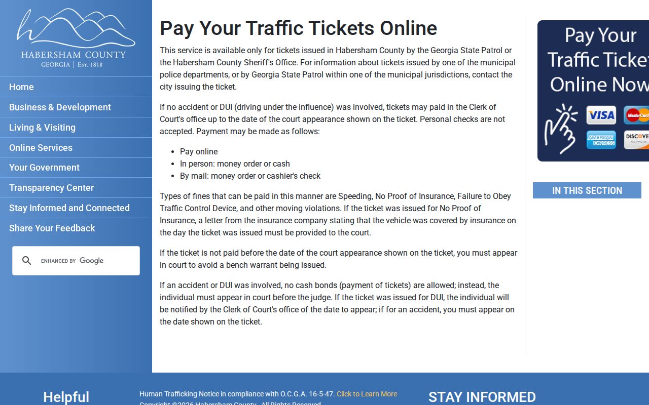 Habersham County traffic warrant official county ticket payment entry